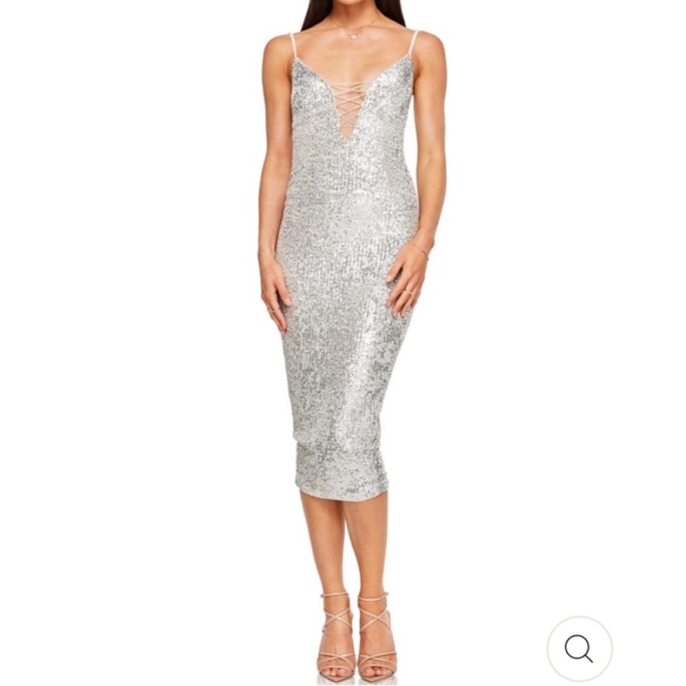 🟤NWT NOOKIE Sublime Lace-Up Midi Dress in Silver SMALL